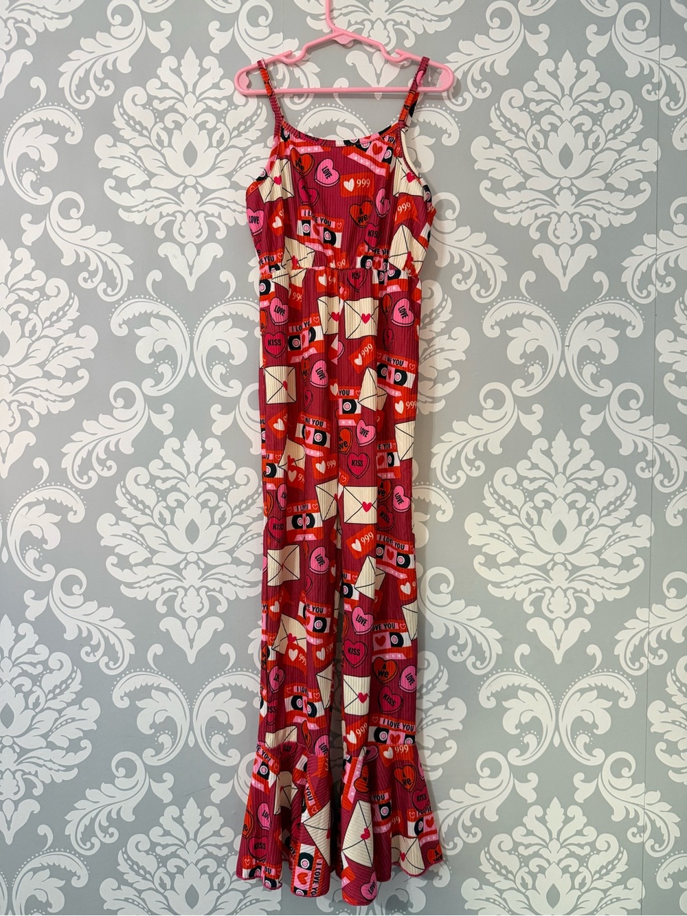 🌿4/$25 • Girl’s Red Printed Sleeveless Maxi Jumpsuit with Mail & Heart Print